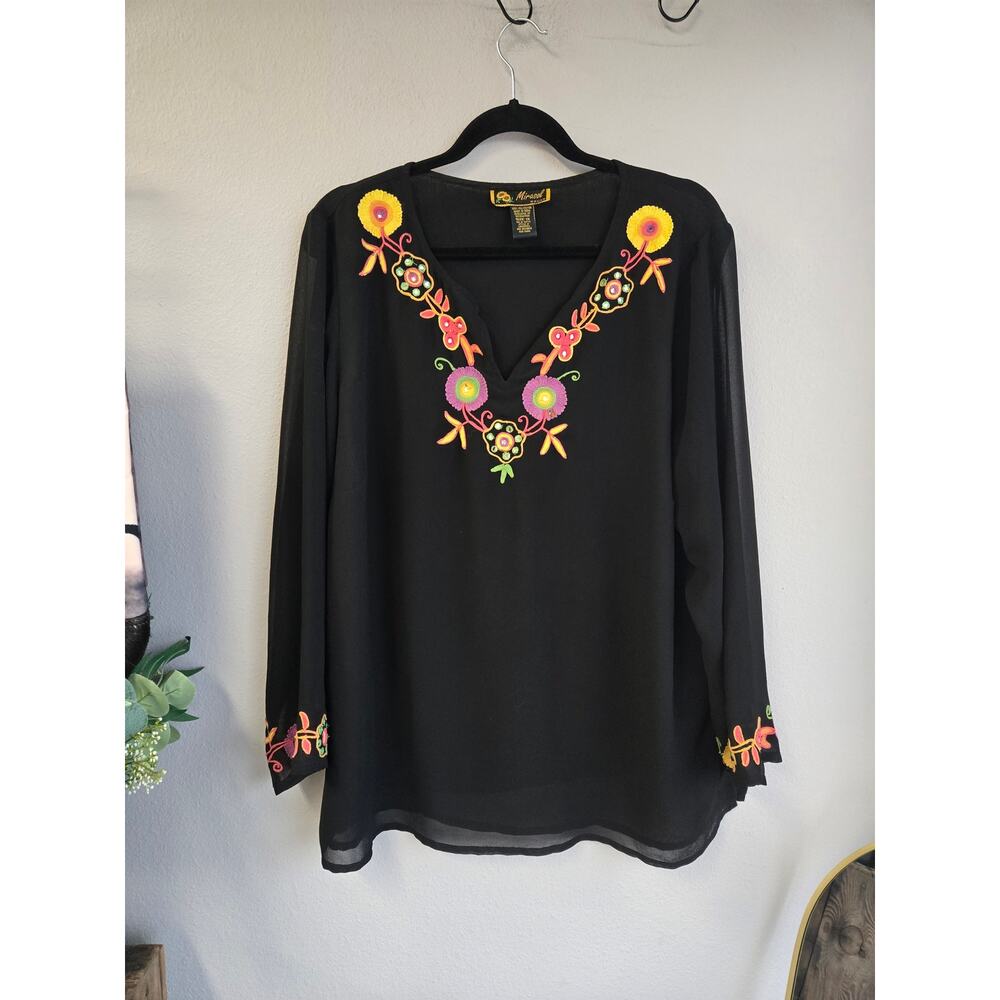 Mirasol Woman Boho Embroidered Mirror V-Neck‎ Blouse Black Plus Size 1X